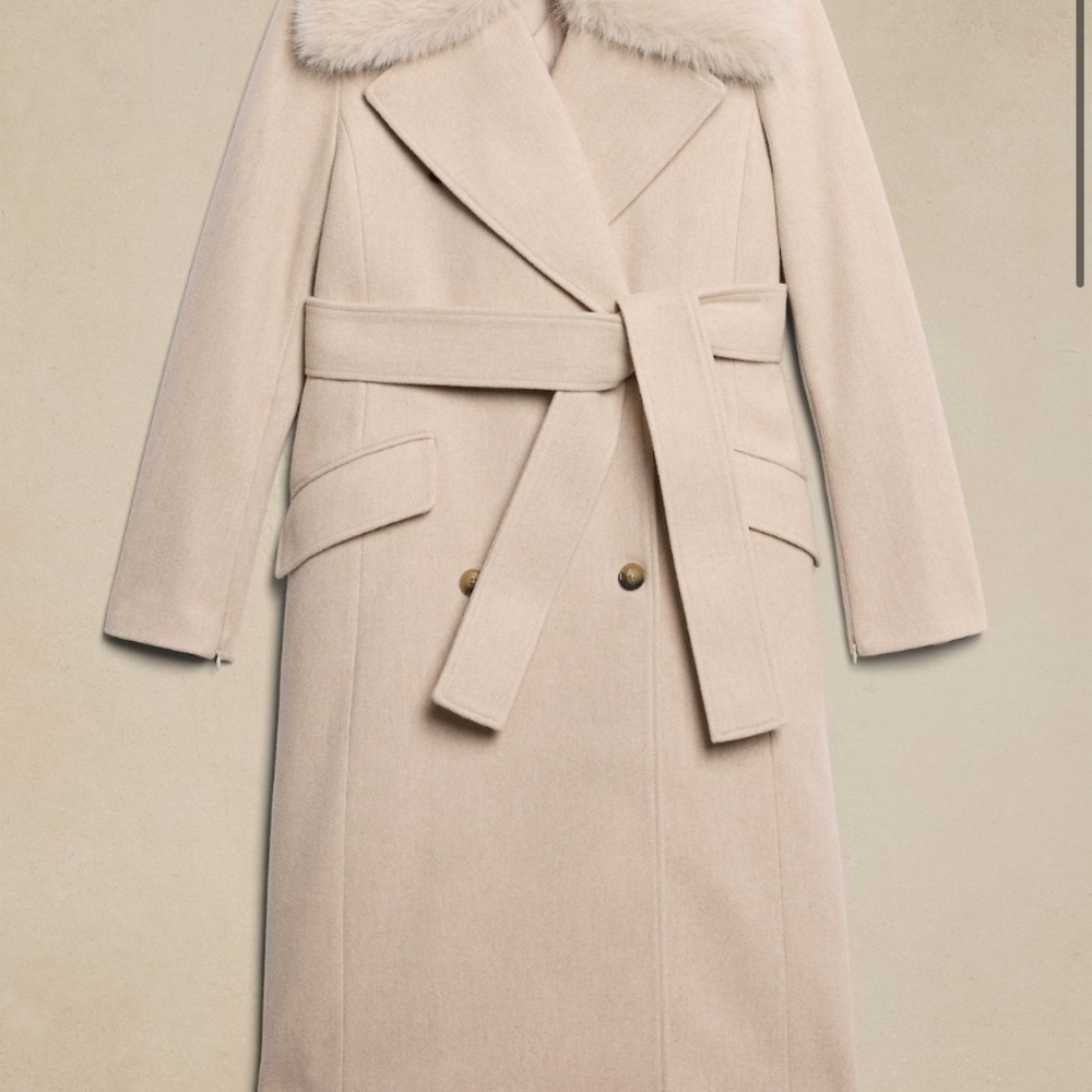 NWT XL Banana Republic Factory Cream Trench Coat with Fur Collar - Picture 5 of 5